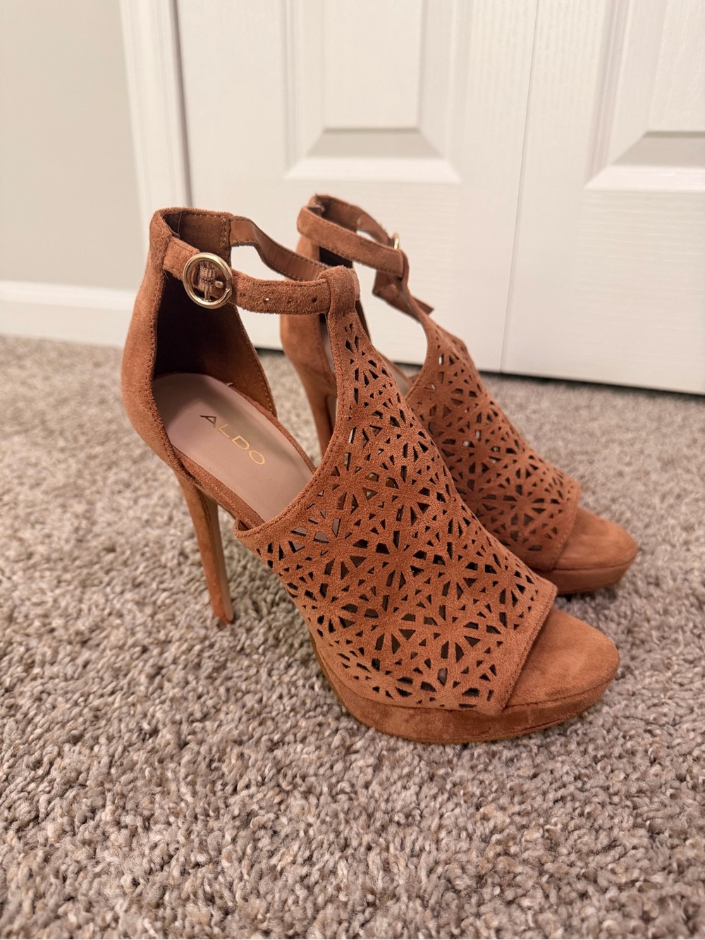 ALDO Cognac Suede Laser-Cut High Heel Sandals